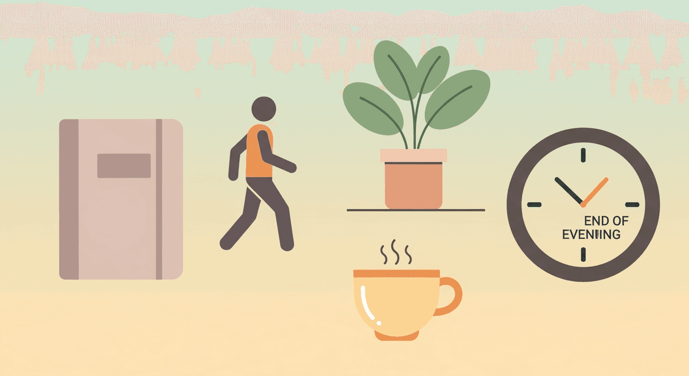 Cinq leviers pour déconnecter mentalement du travail le soir illustrés en icônes