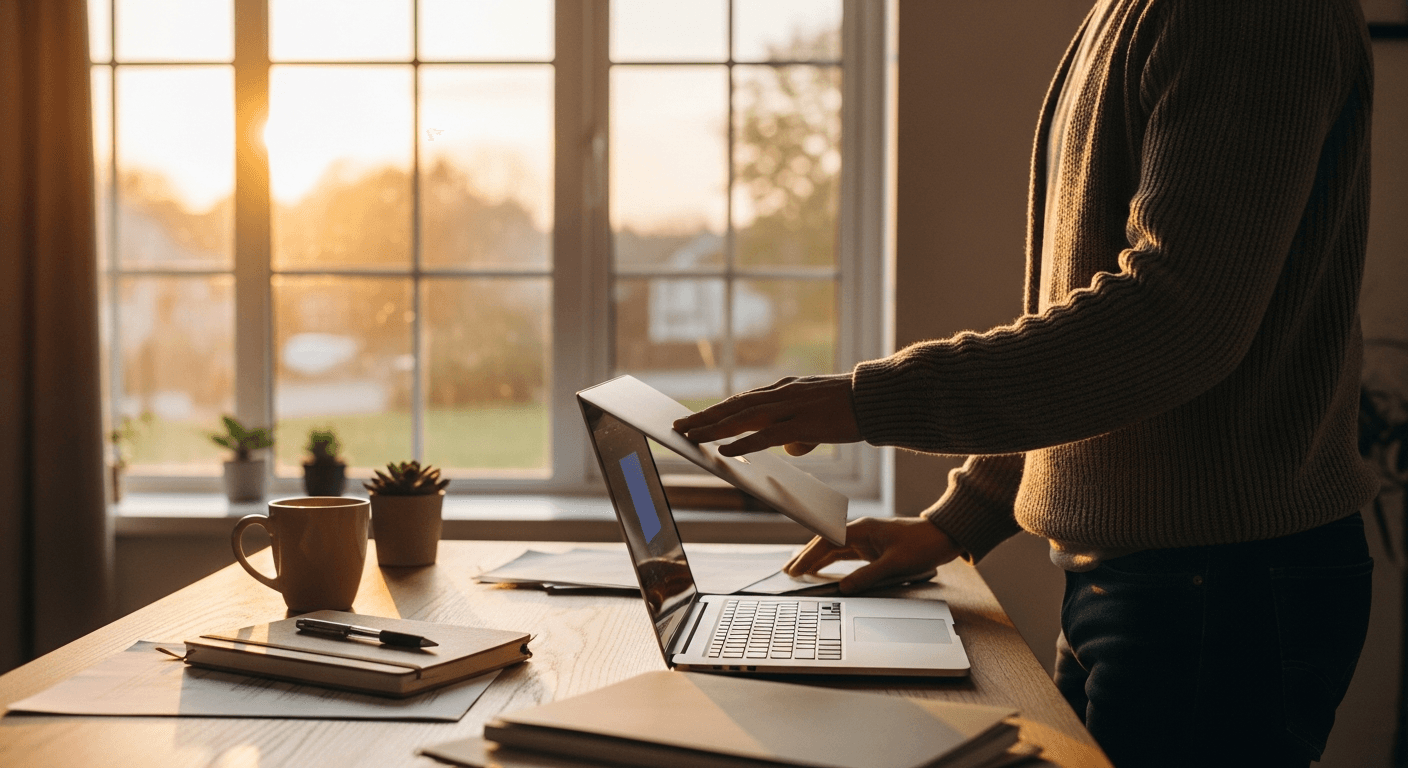 Télétravailleur appliquant un rituel de déconnexion le soir après une journée difficile avec de mauvais outils