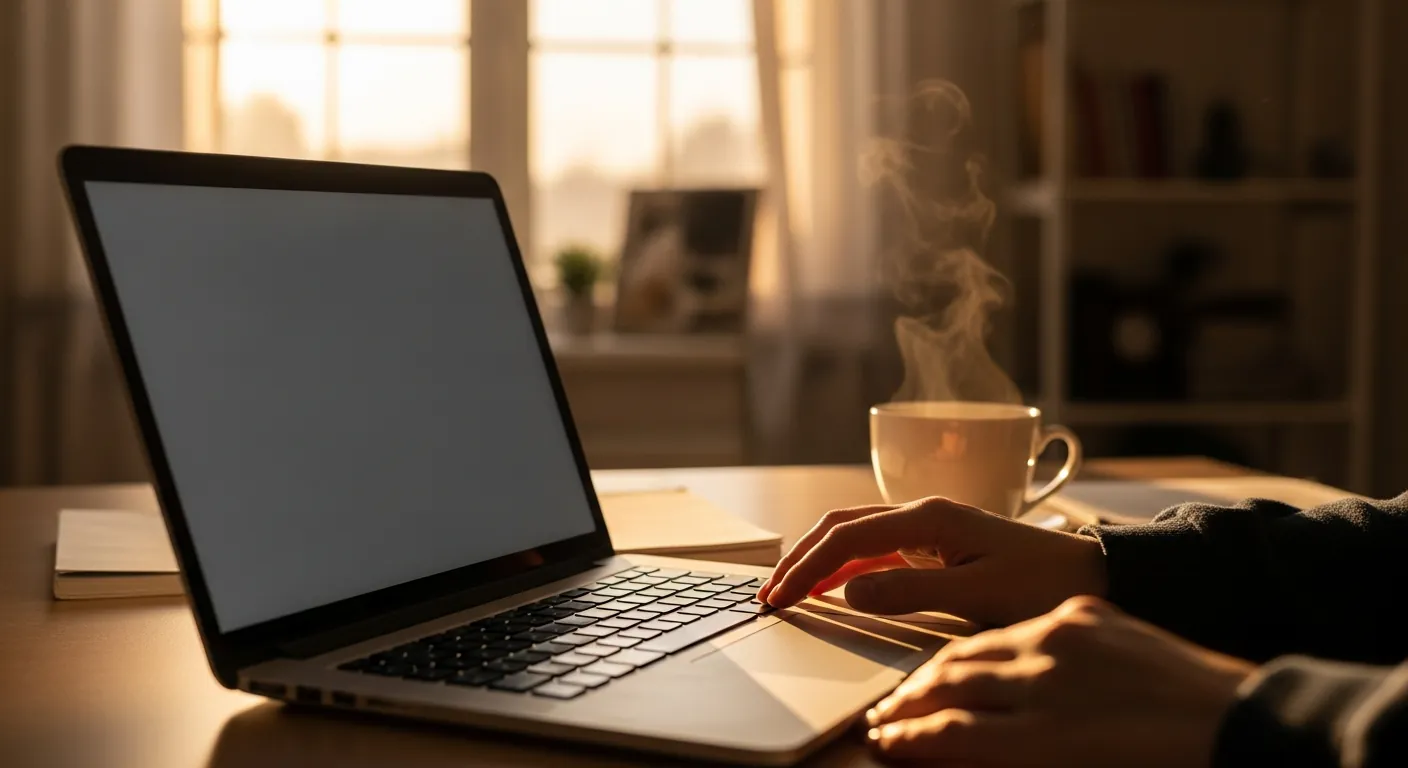 Ordinateur portable ouvert sur un bureau de télétravail en fin de journée