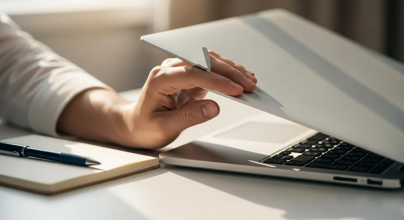 Main qui ferme un ordinateur portable sur un bureau rangé