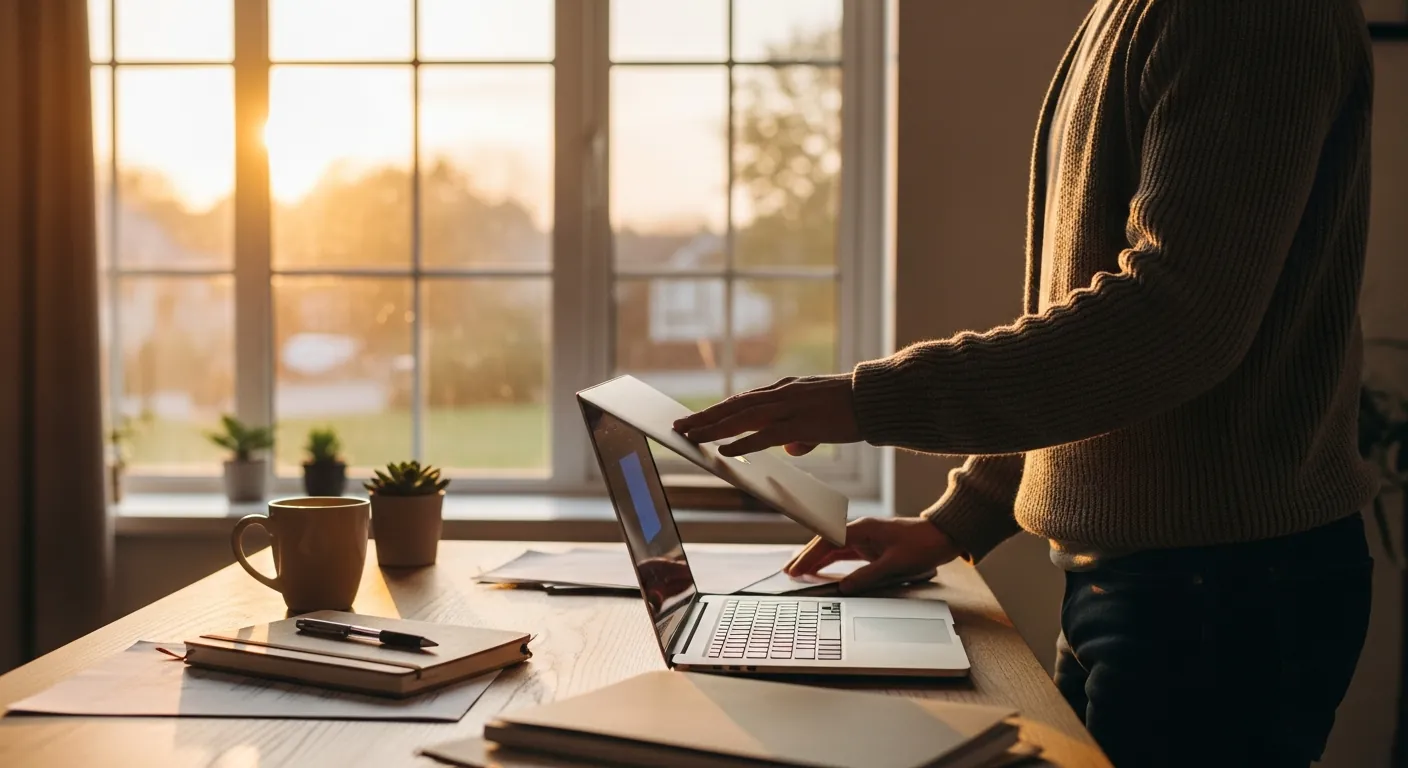 Télétravailleur appliquant un rituel de déconnexion le soir après une journée difficile avec de mauvais outils