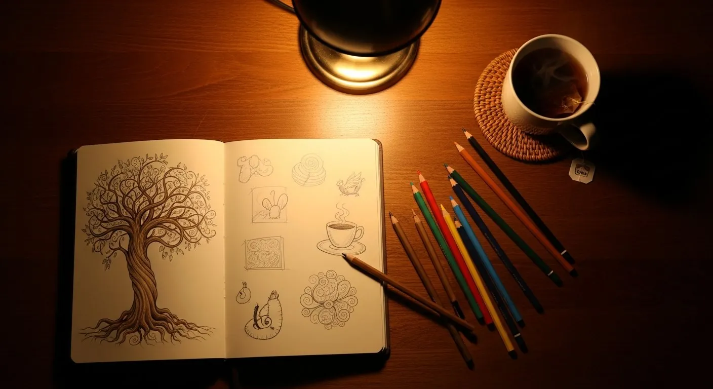 Table avec matériel de dessin et carnet de notes ouvert