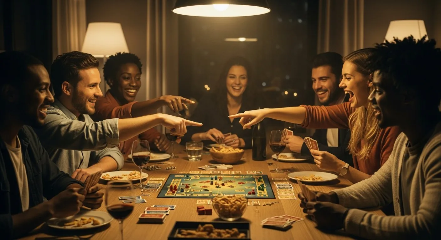Groupe d'amis autour d'une table avec des jeux de société