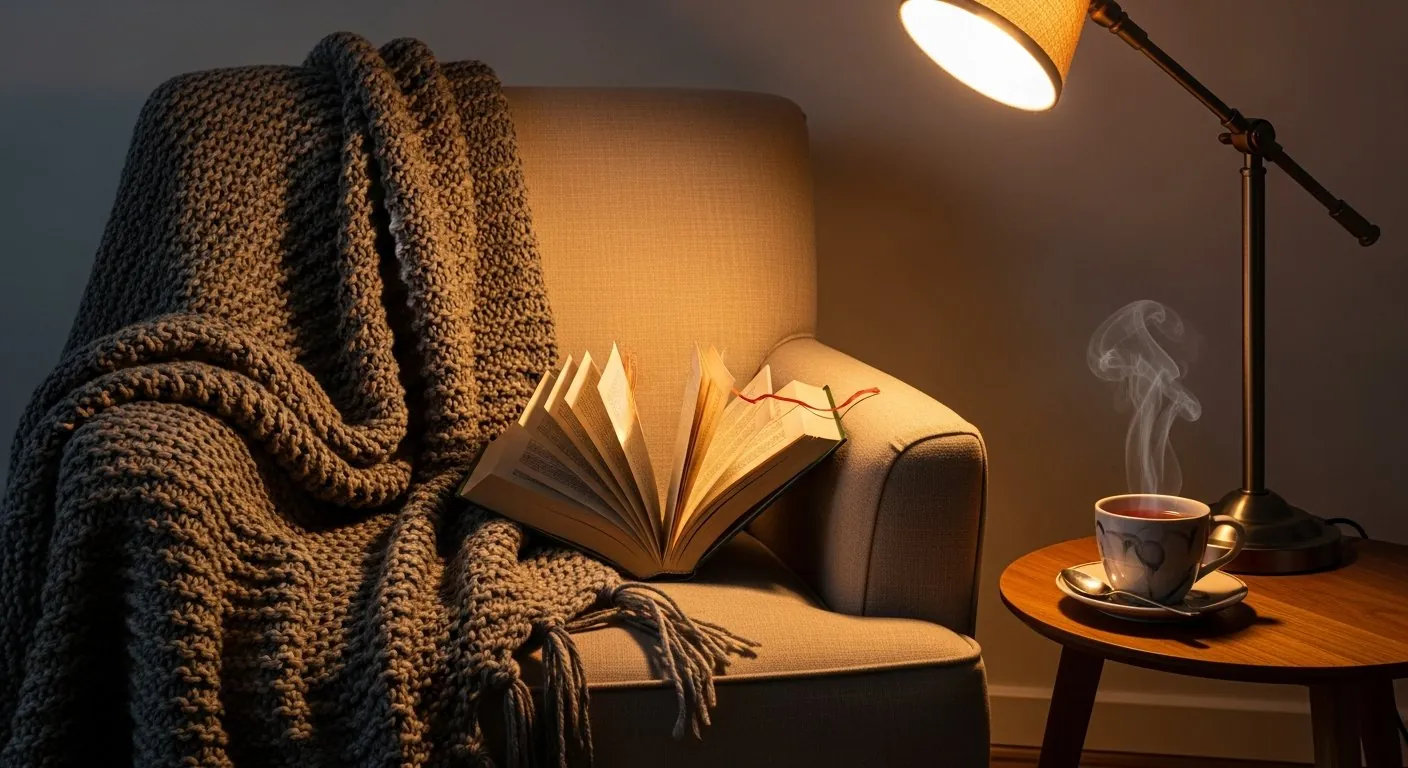 Livre ouvert sur un fauteuil avec une tasse de thé