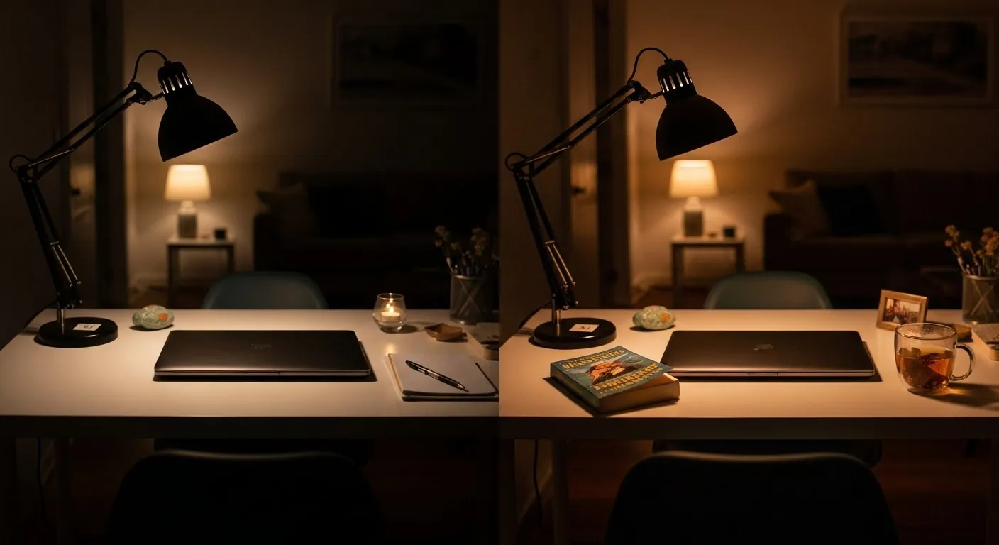 Bureau à domicile fermé le soir avec lampe éteinte