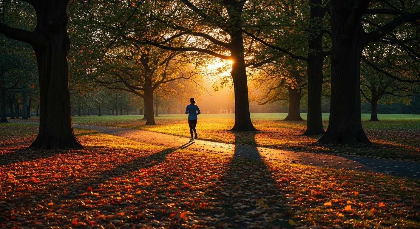 Personne faisant du jogging dans un parc en fin de journée